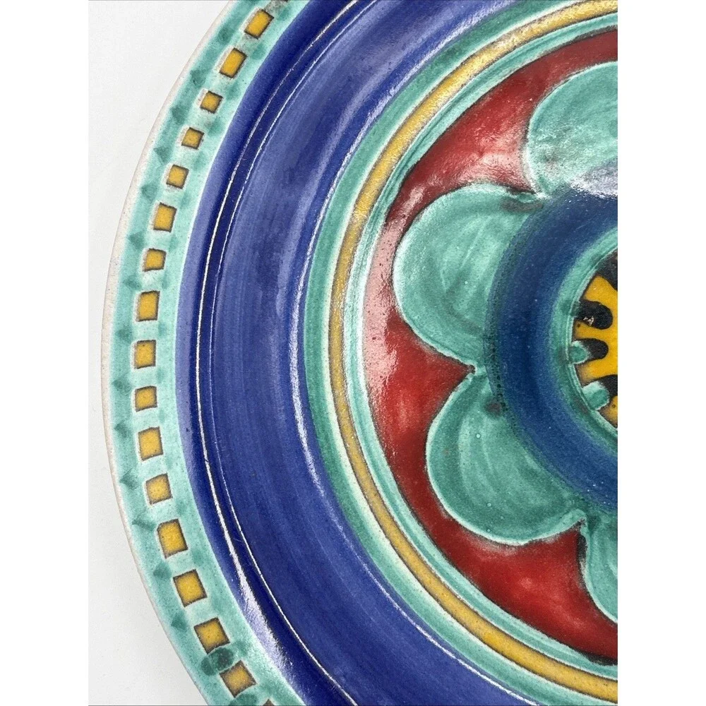 DeSimone Italy Art Ceramic Plate Signed Colorful Pottery Blue Red Flower 10 Inch